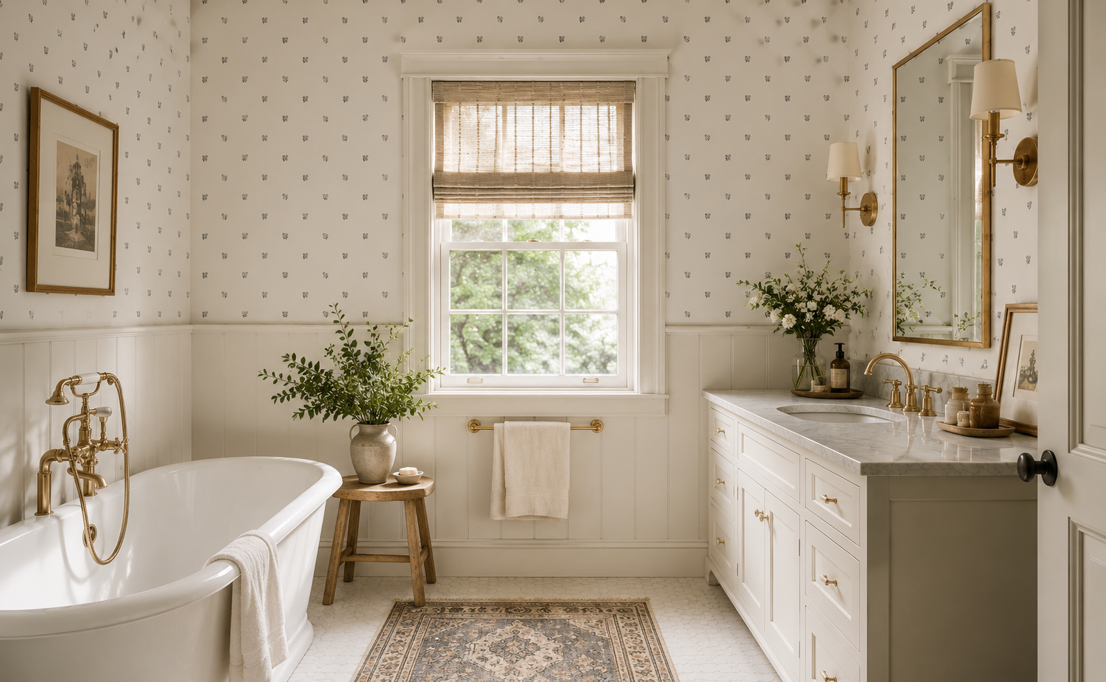Bathroom with white bathtub, sink vanity, and window with floral arrangement with minimal wallpaper